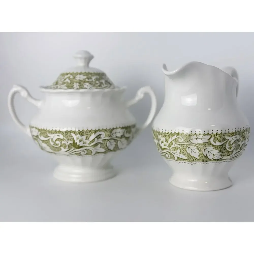 J & G Meakin 'Lucerne' White Ceramic Sugar & Cream Set w Olive Green/Leaf Border